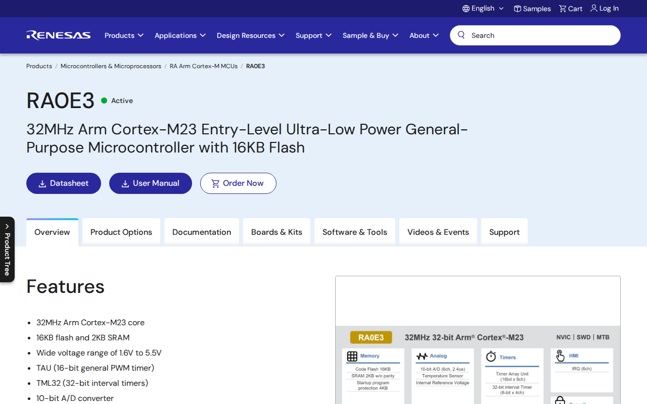 Renesas RA0E3 제품 페이지 첫 화면: 32MHz Arm Cortex-M23 Entry-Level Ultra-Low Power General-Purpose Microcontroller with 16KB Flash